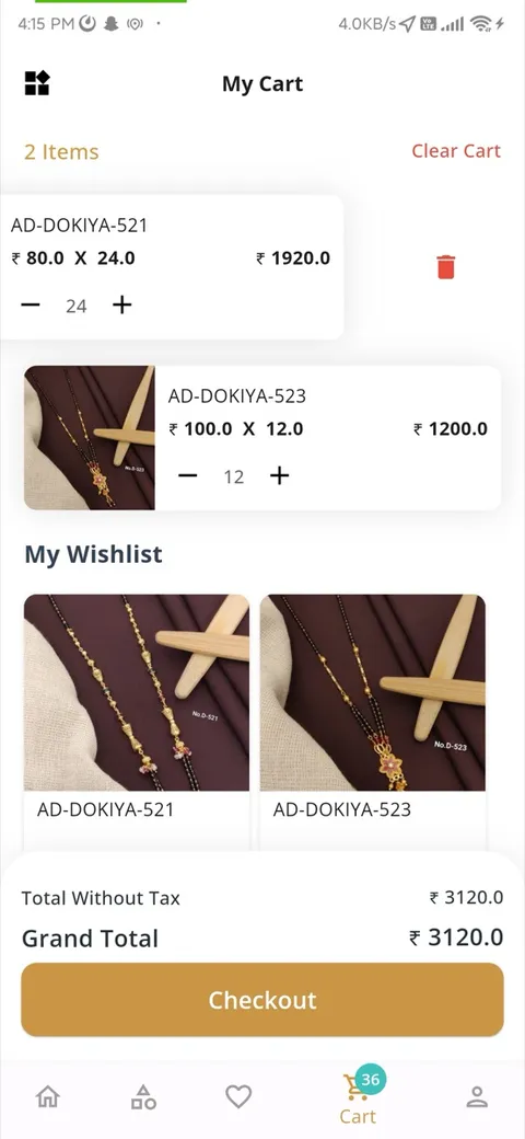 Ramdev Kangan app cart and wishlist with quantities and grand total