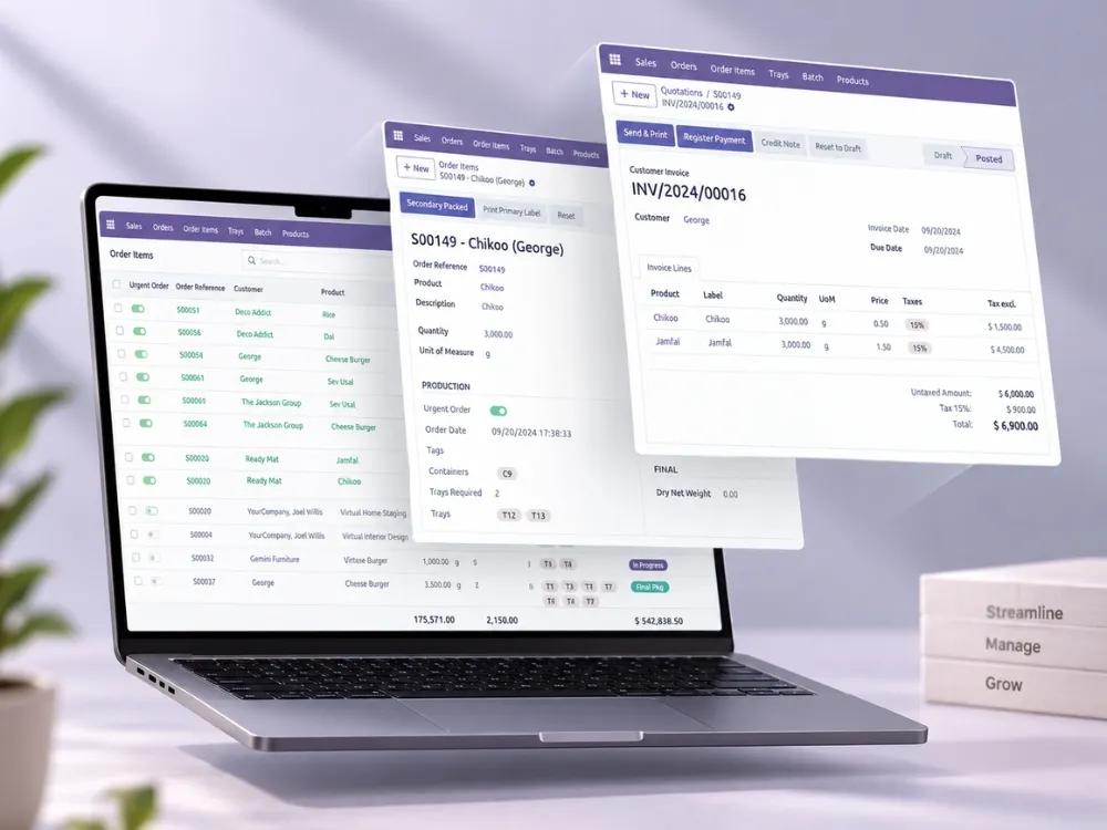 Made It Easy: An Odoo ERP built around a food-drying production line: intake, batches, packaging, ZPL labels, invoicing