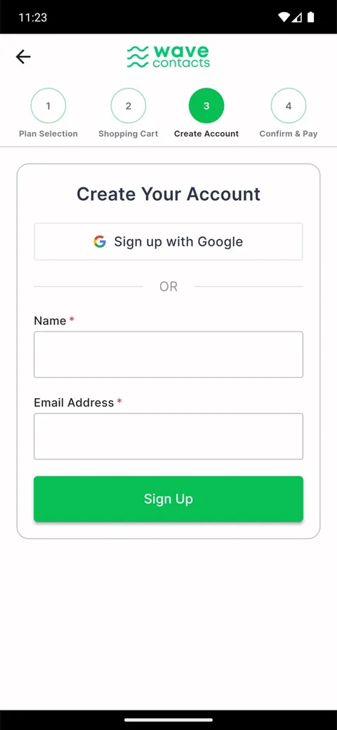 WaveContact account creation step in the mobile checkout flow