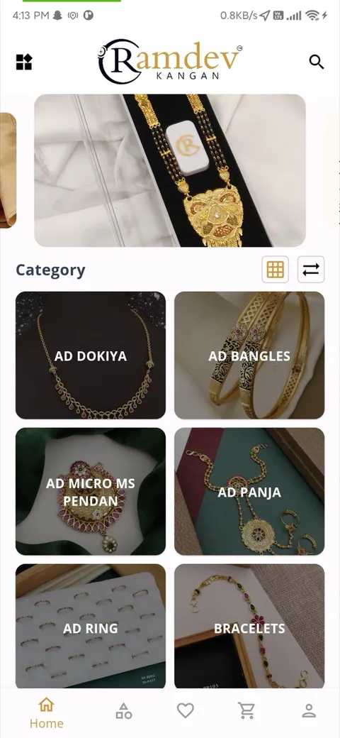 Ramdev Kangan Flutter app home screen with product categories from the Odoo catalog