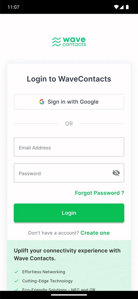 WaveContact mobile app login screen with Google sign-in and email login