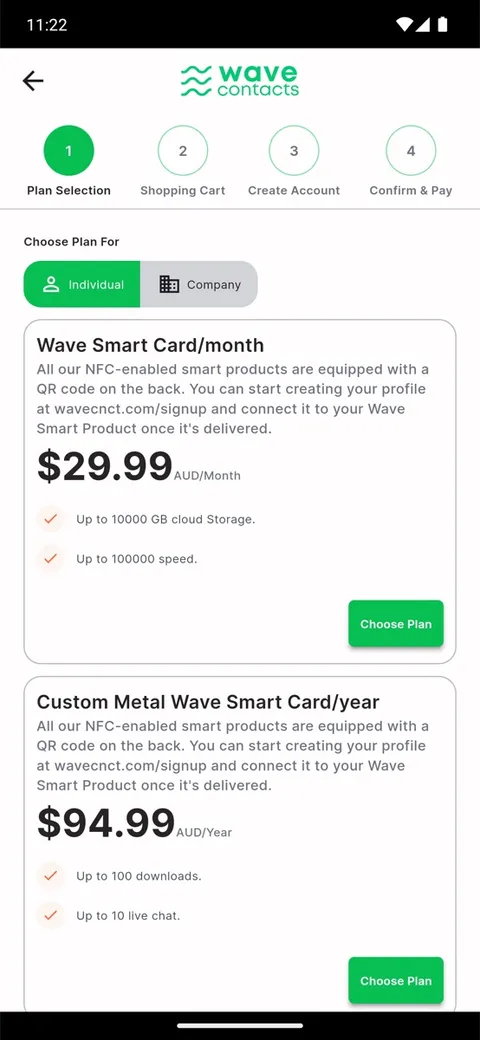 WaveContact plan selection screen listing NFC smart-card subscription plans